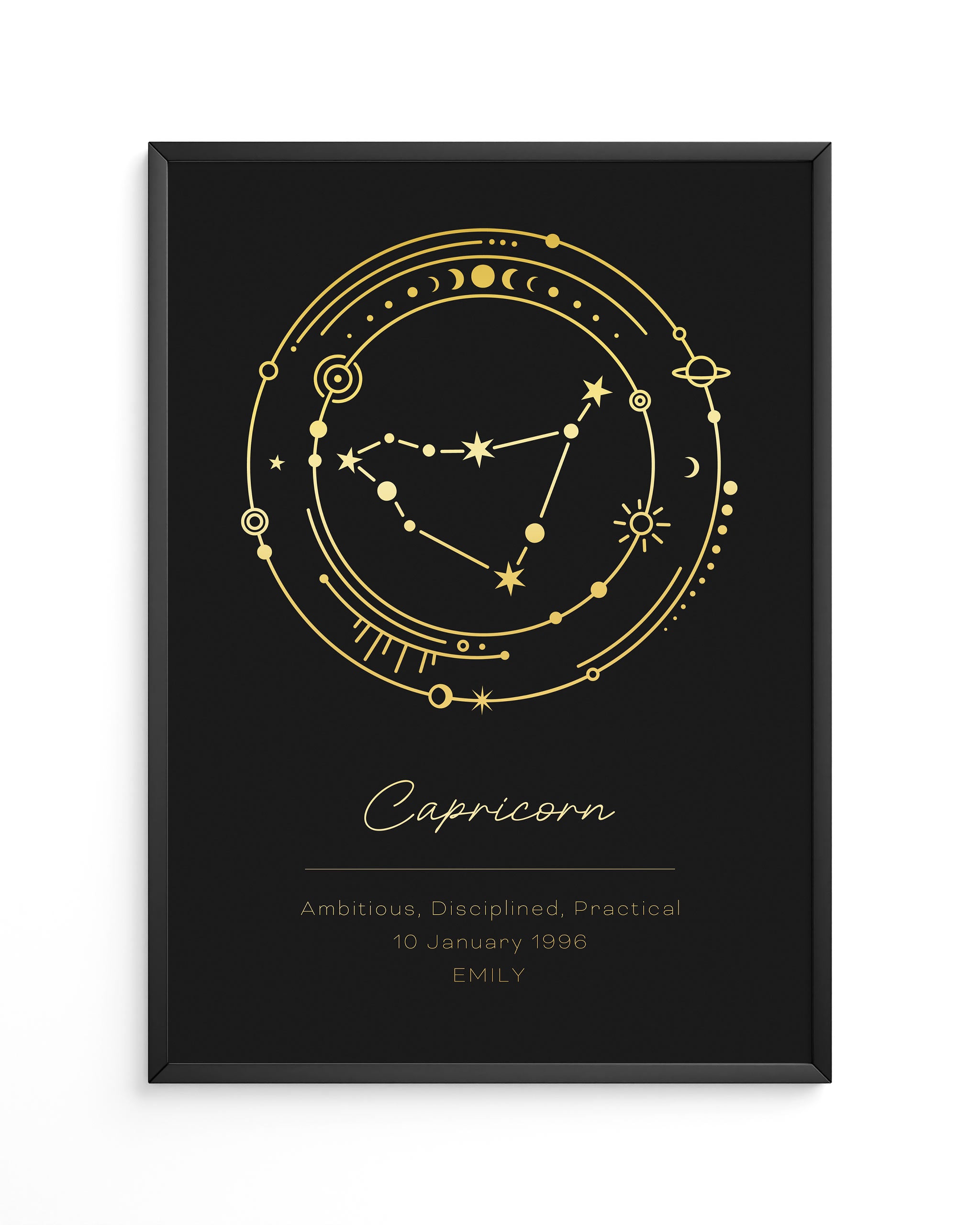 Capricorn constellation art with personalized gold foil detail