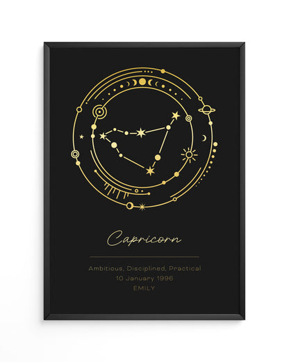 Capricorn constellation art with personalized gold foil detail