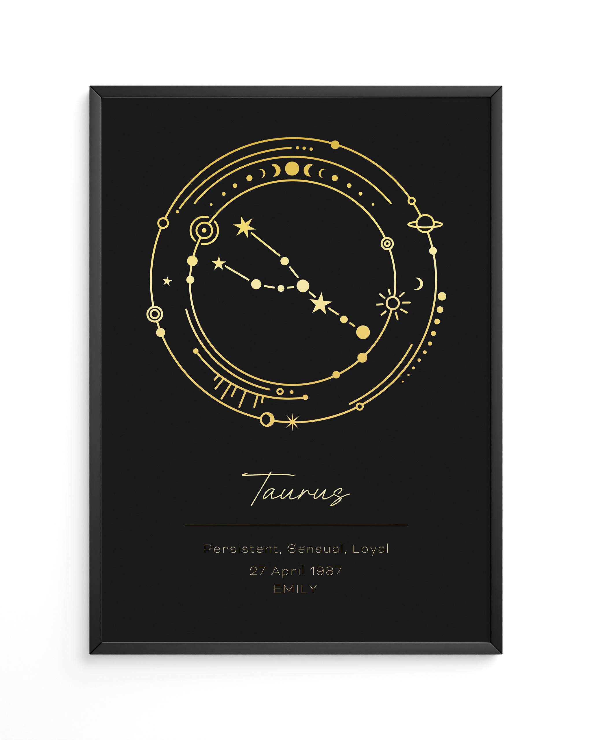 Zodiac design in black and gold with gold foil accents