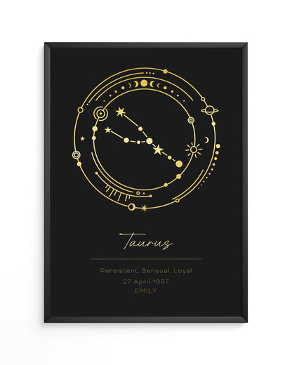 Zodiac design in black and gold with gold foil accents