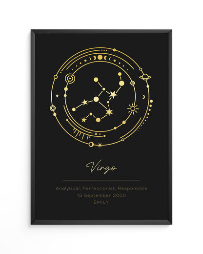 Zodiac-themed black and gold framed poster