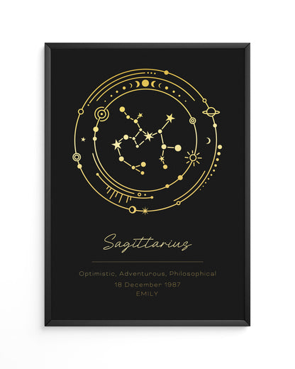 Custom gold-framed Sagittarius horoscope print