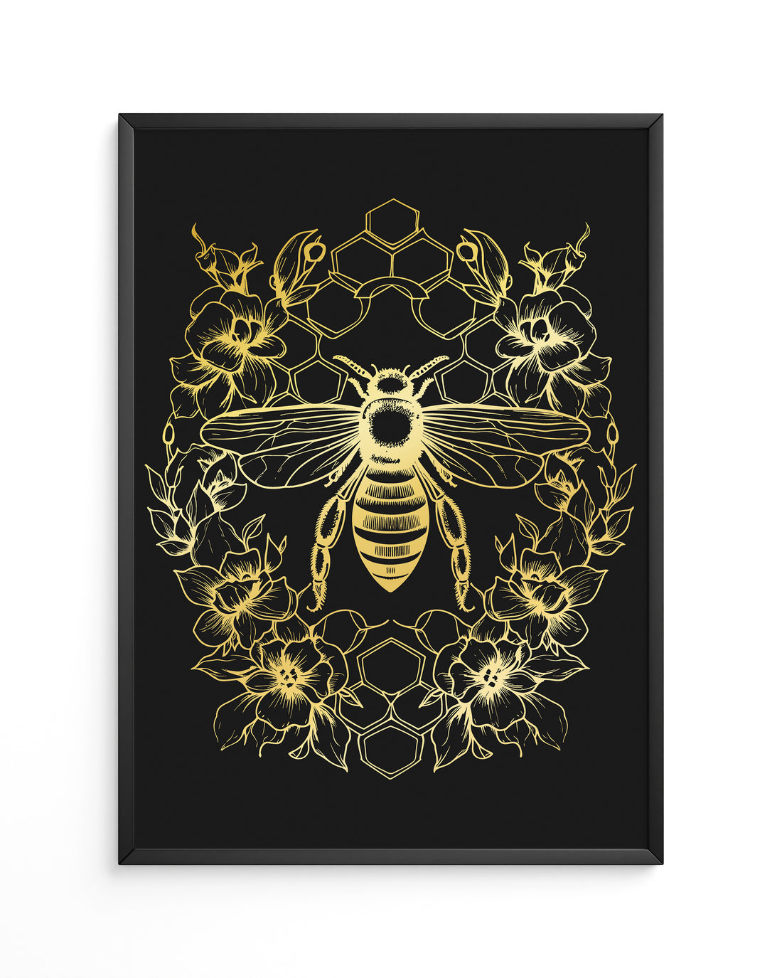 Foil-printed bee design in a frame, displayed on a white wall, ideal wall art for living rooms, and a perfect gift for mum.