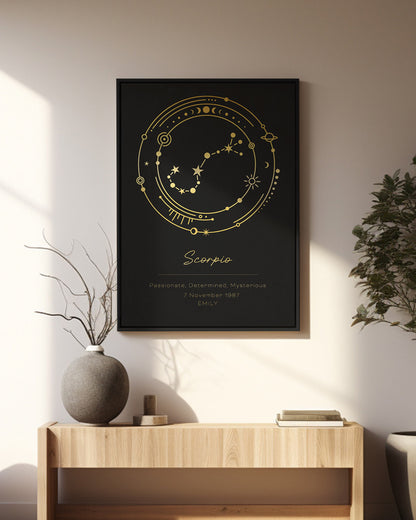 Black and gold poster featuring constellation artwork