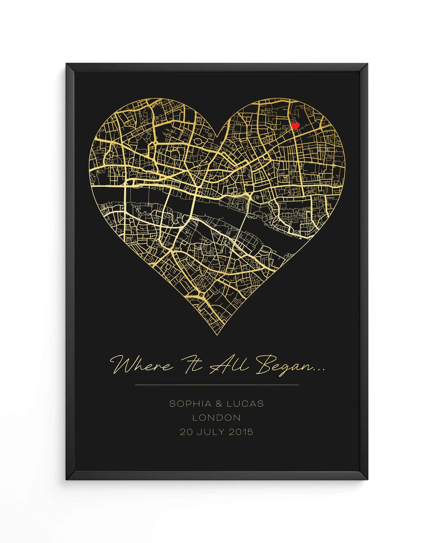 Customizable First Date Map Poster on black paper with shimmering foil print, ideal as presents for mum or a unique birthday gift.