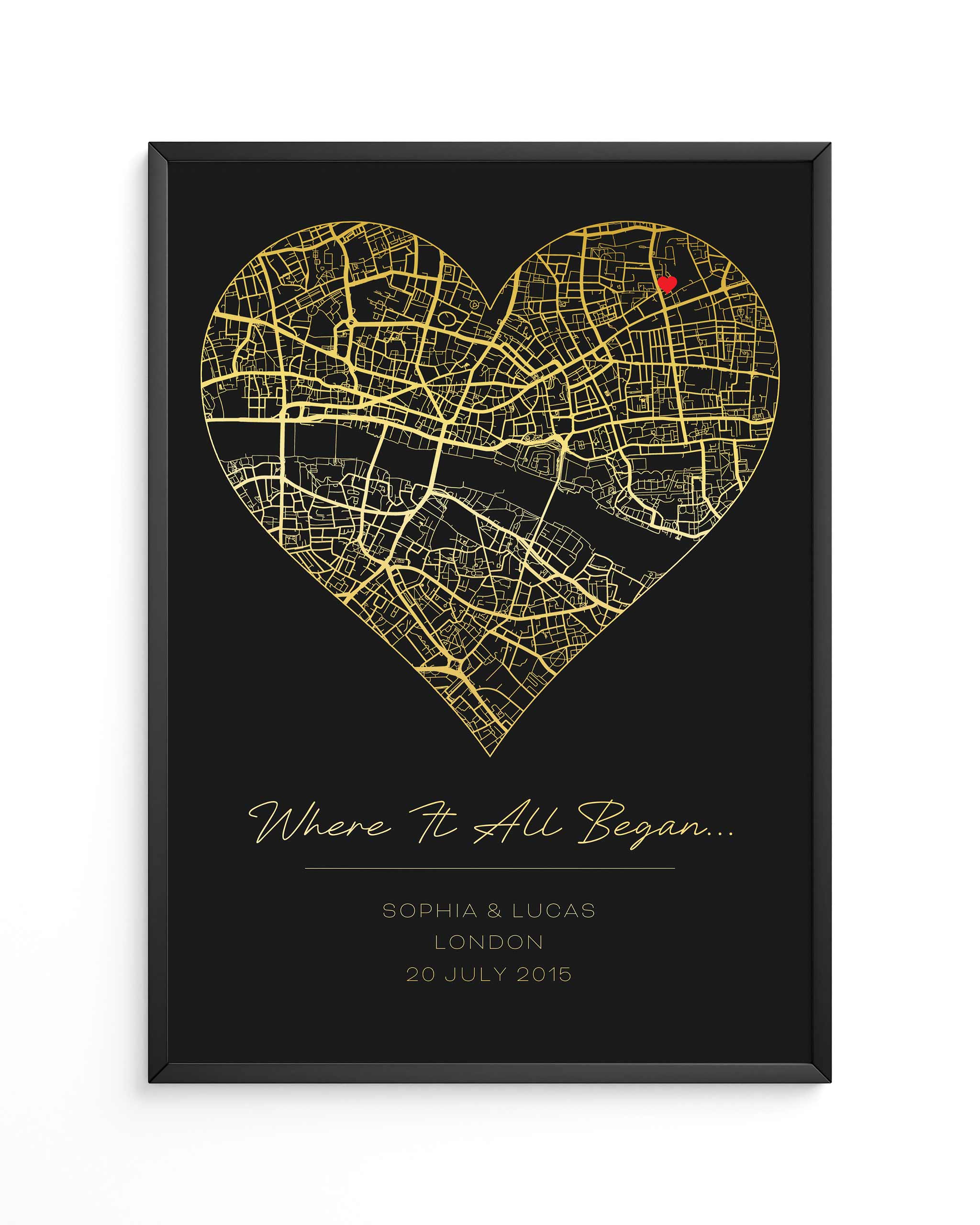 Customizable First Date Map Poster on black paper with shimmering foil print, ideal as presents for mum or a unique birthday gift.