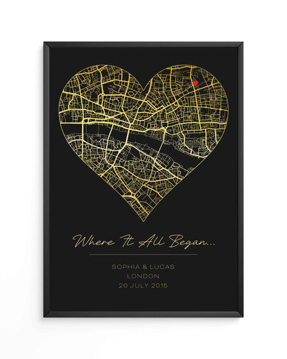 Customizable First Date Map Poster on black paper with shimmering foil print, ideal as presents for mum or a unique birthday gift.