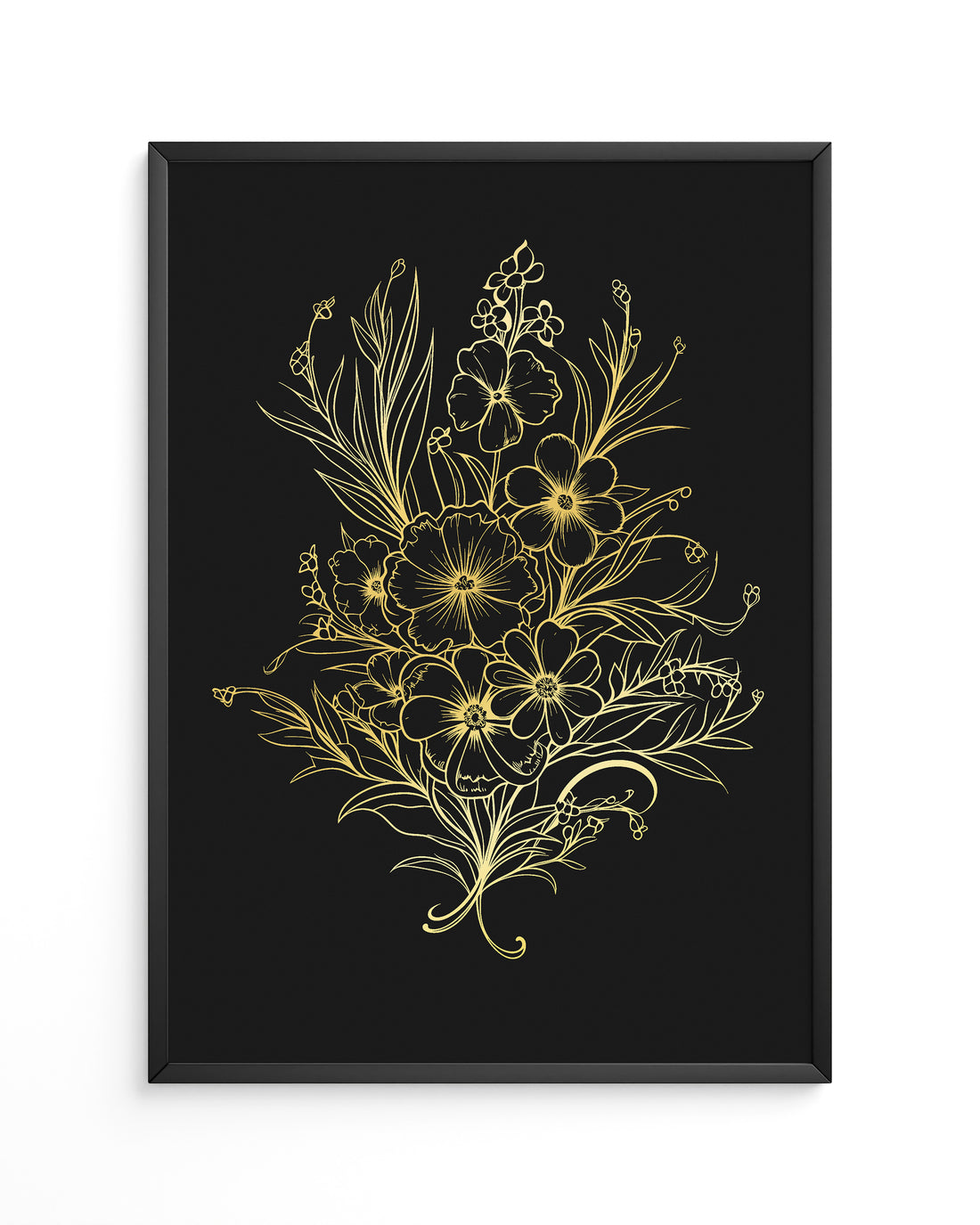 A black and gold floral framed art print in wall art frames, perfect as anniversary gifts.