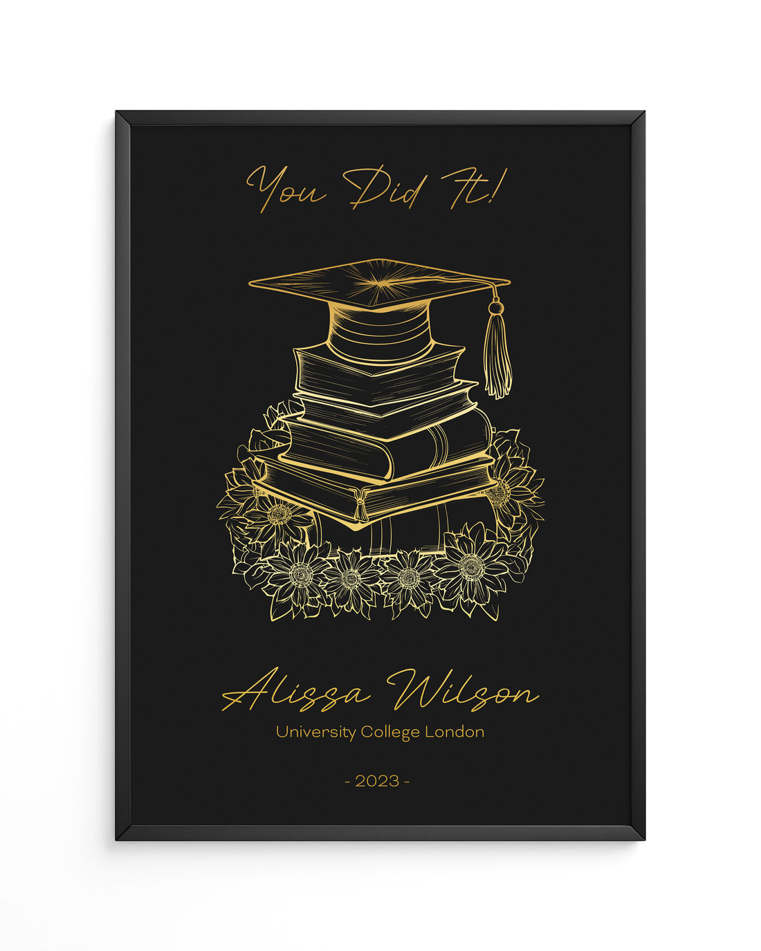 A black and gold graduation framed artwork, perfect as a birthday gift for girlfriend.