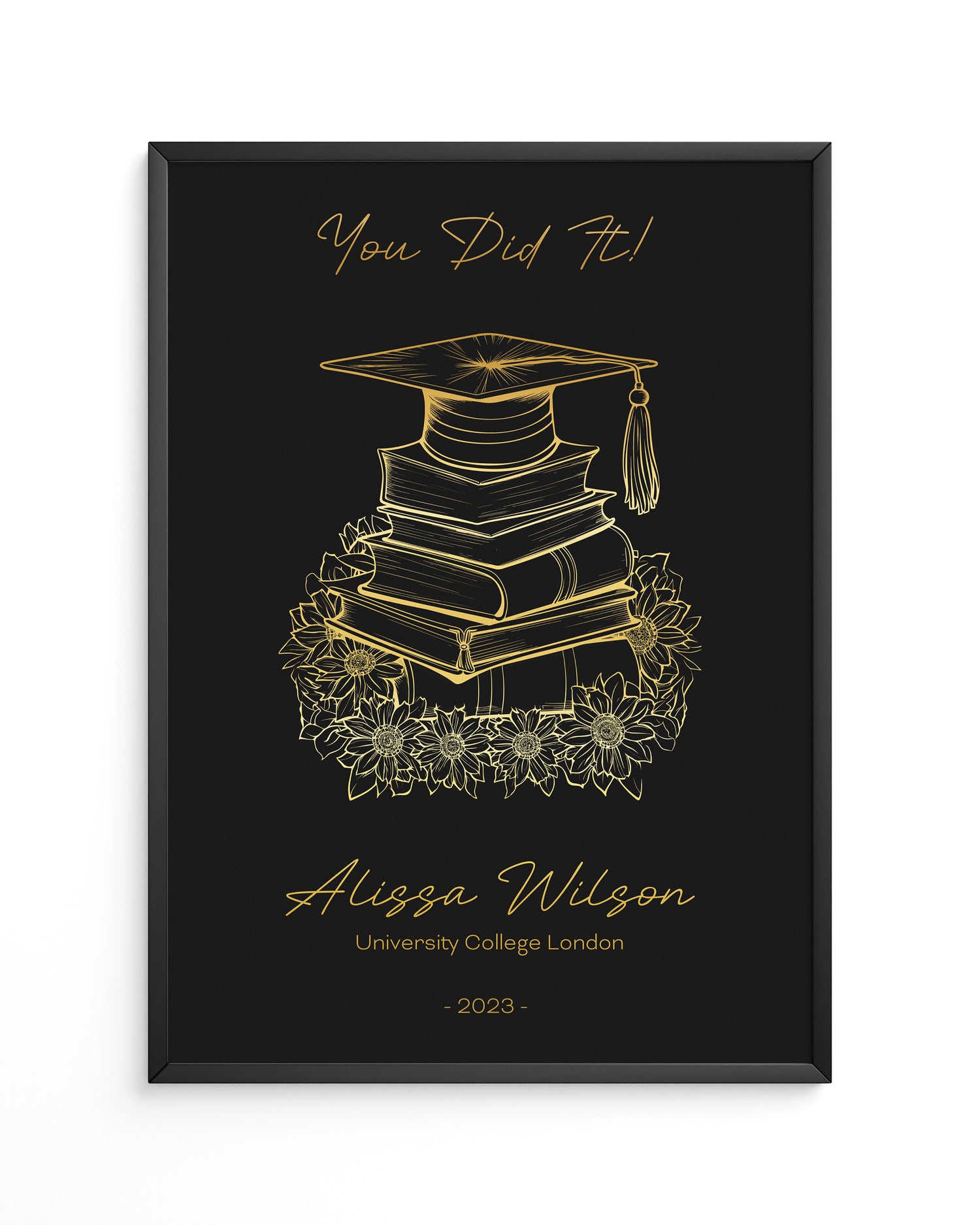 A black and gold graduation framed artwork, perfect as a birthday gift for girlfriend.