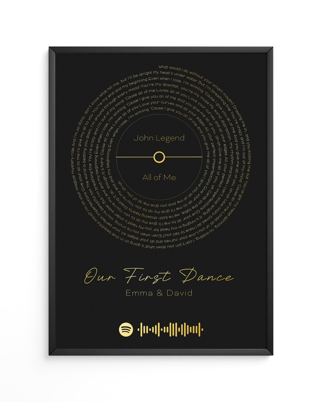 A black and gold Our First Song print, a unique music artwork and an ideal wedding present.