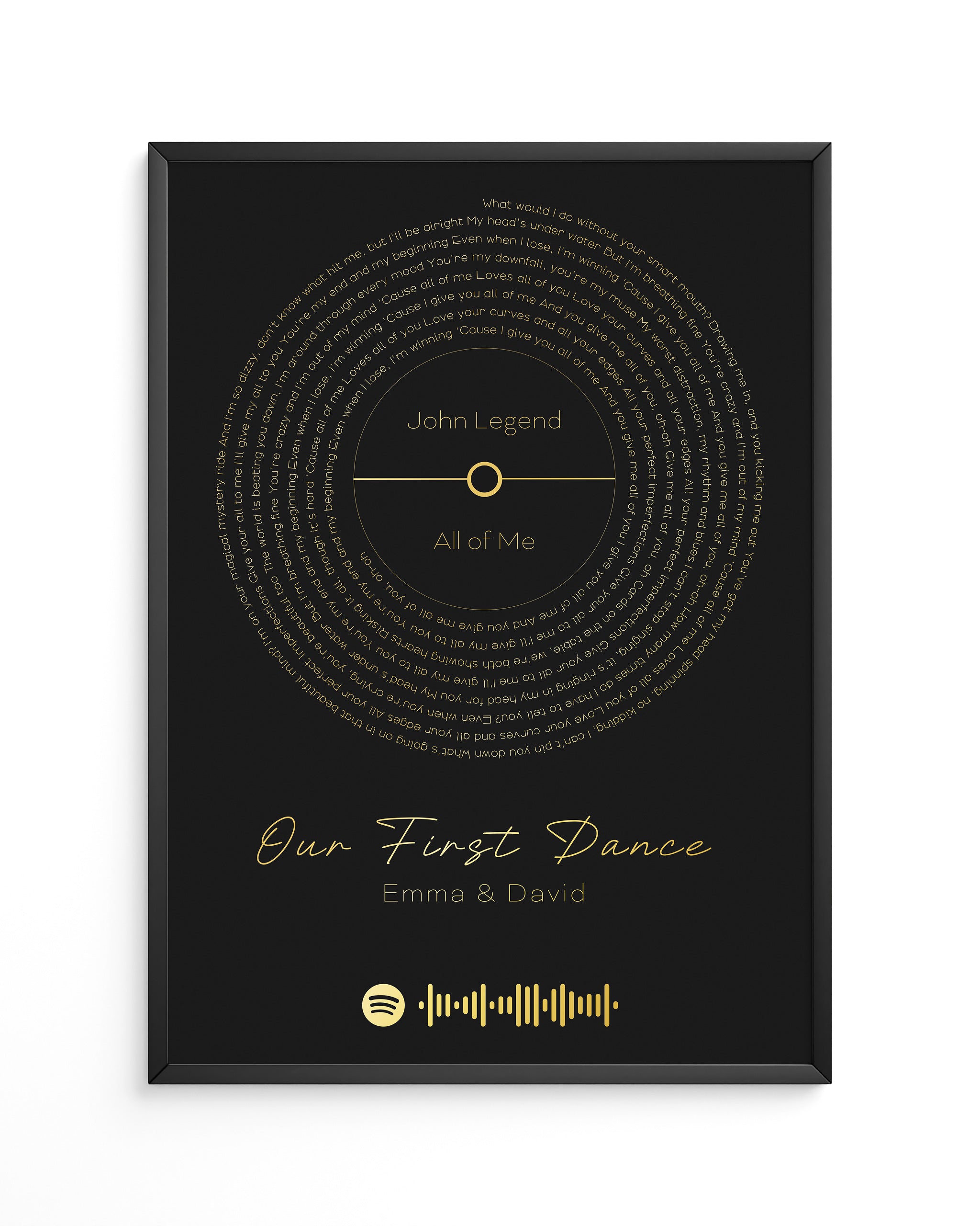 A black and gold Our First Song print, a unique music artwork and an ideal wedding present.