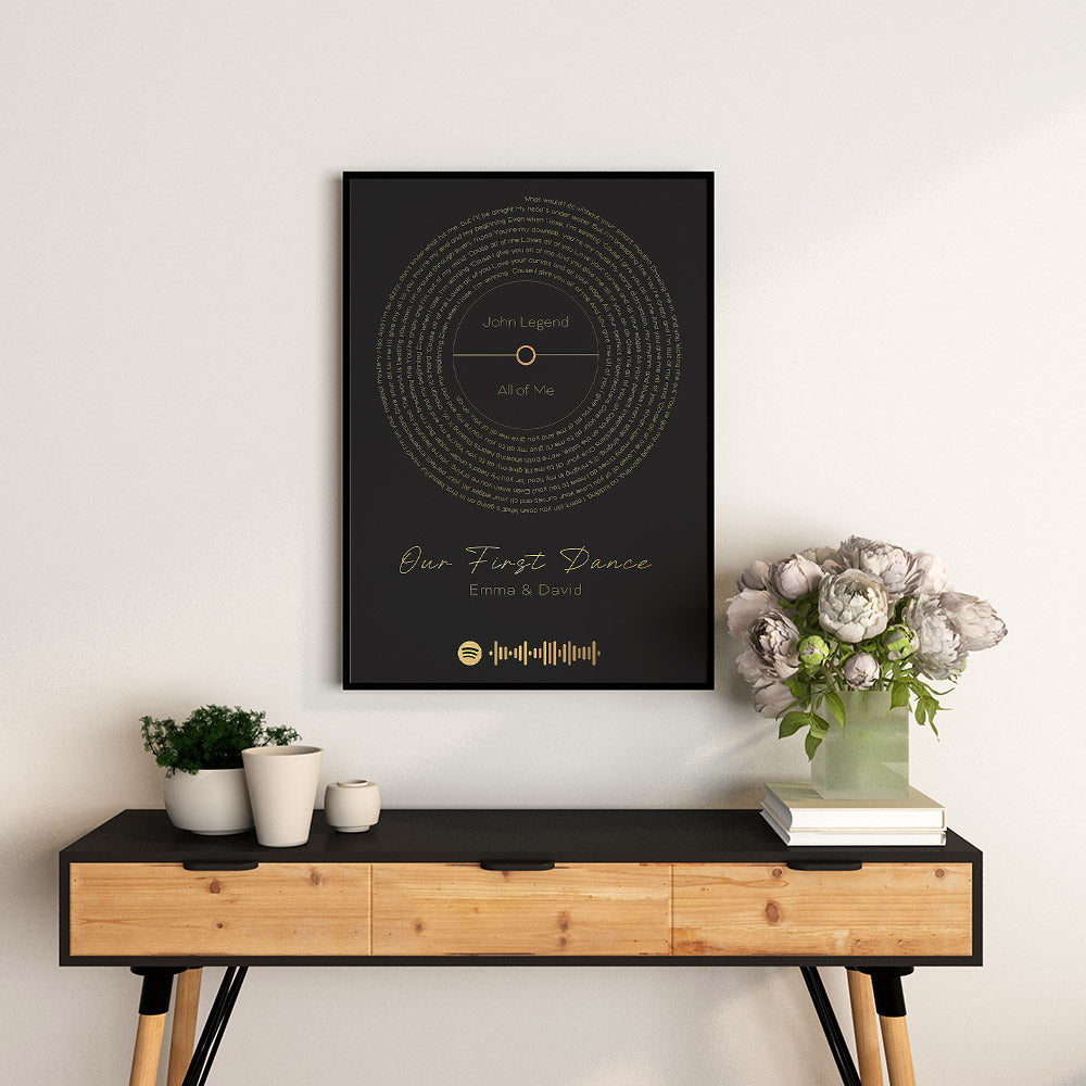 Custom wall art featuring the sound wave and lyrics of "All of Me" by John Legend