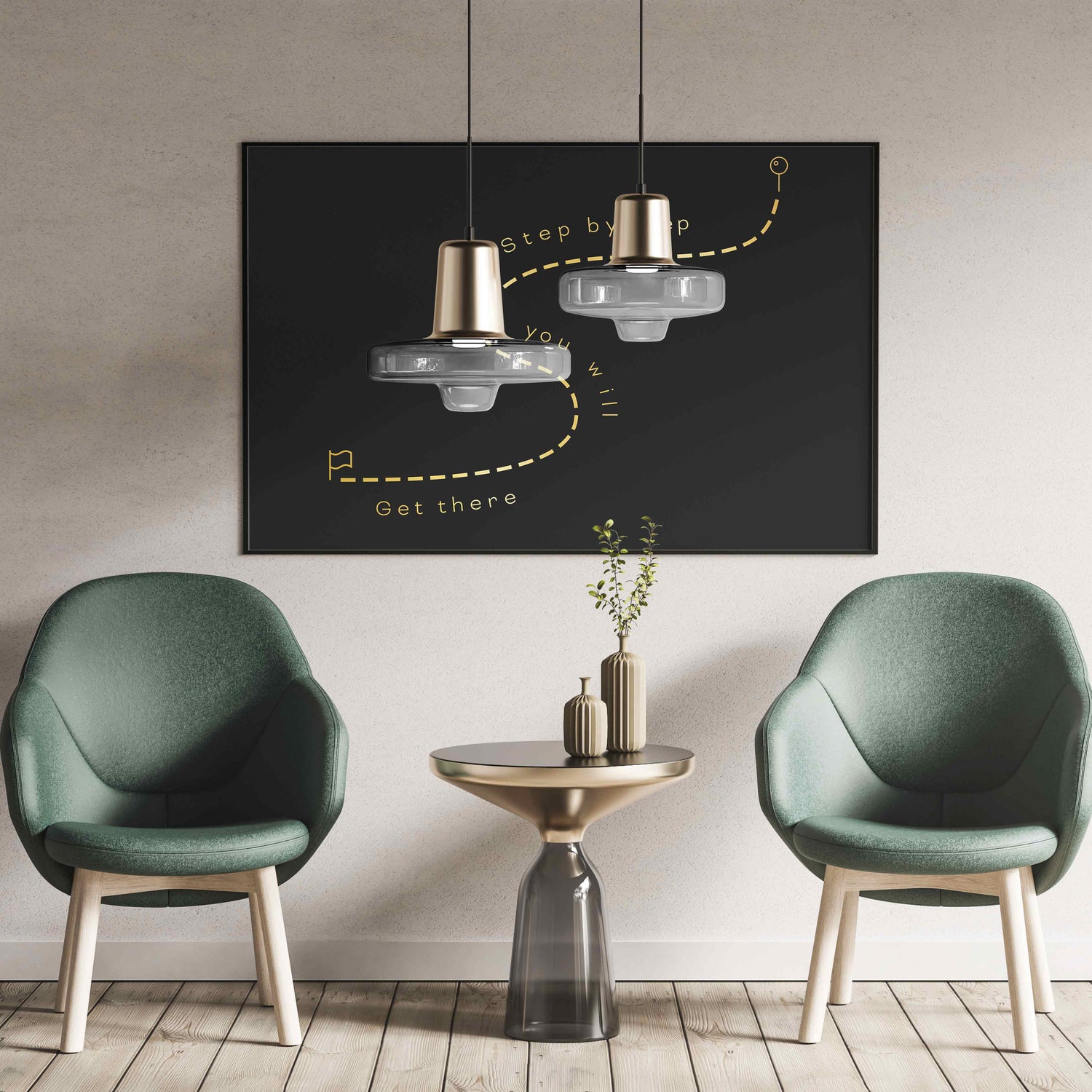 Modern room with two green armchairs and a stylish poster of motivational art with golden details