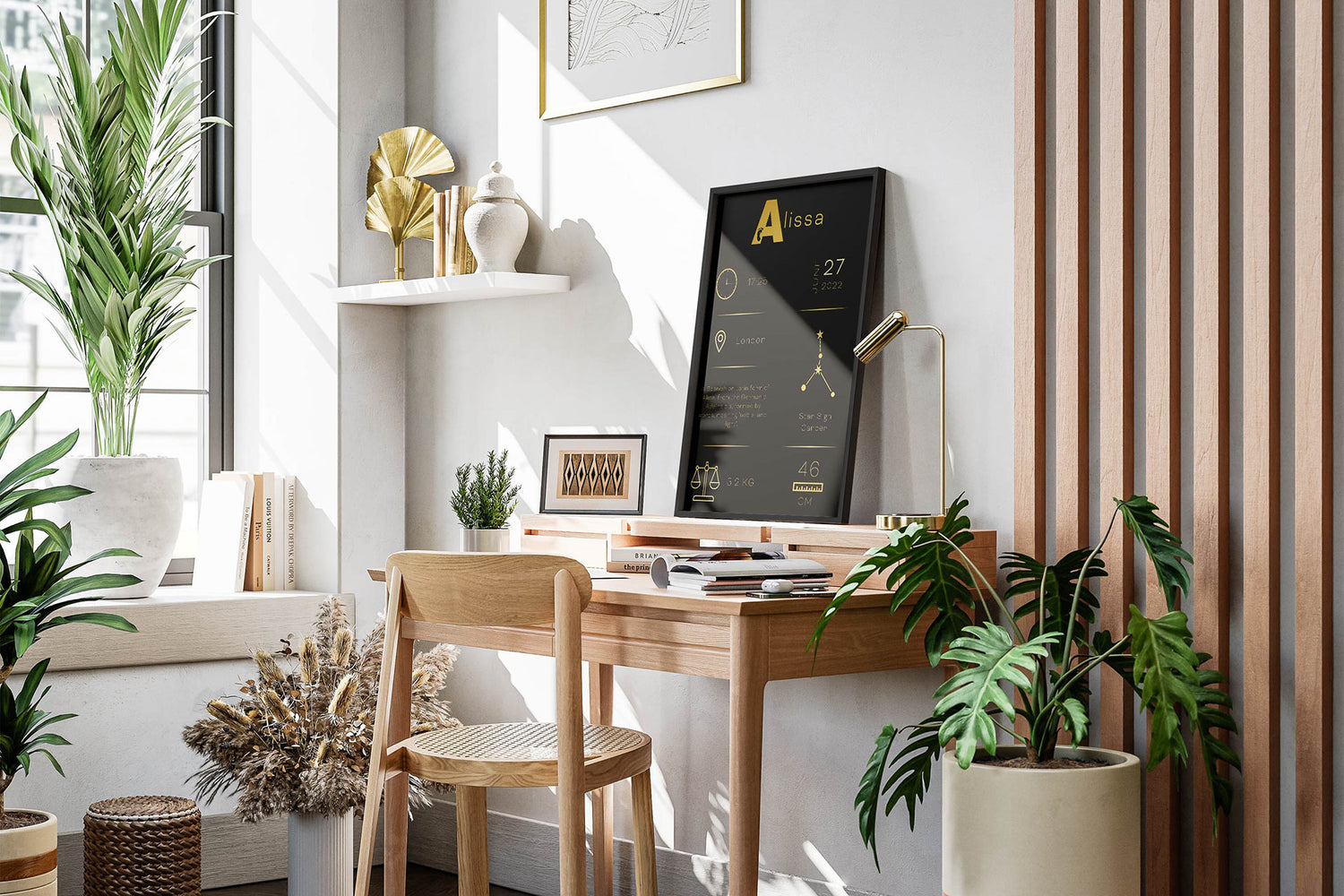 A personalized print detailing a newborn's information with gold accents in a home office setting