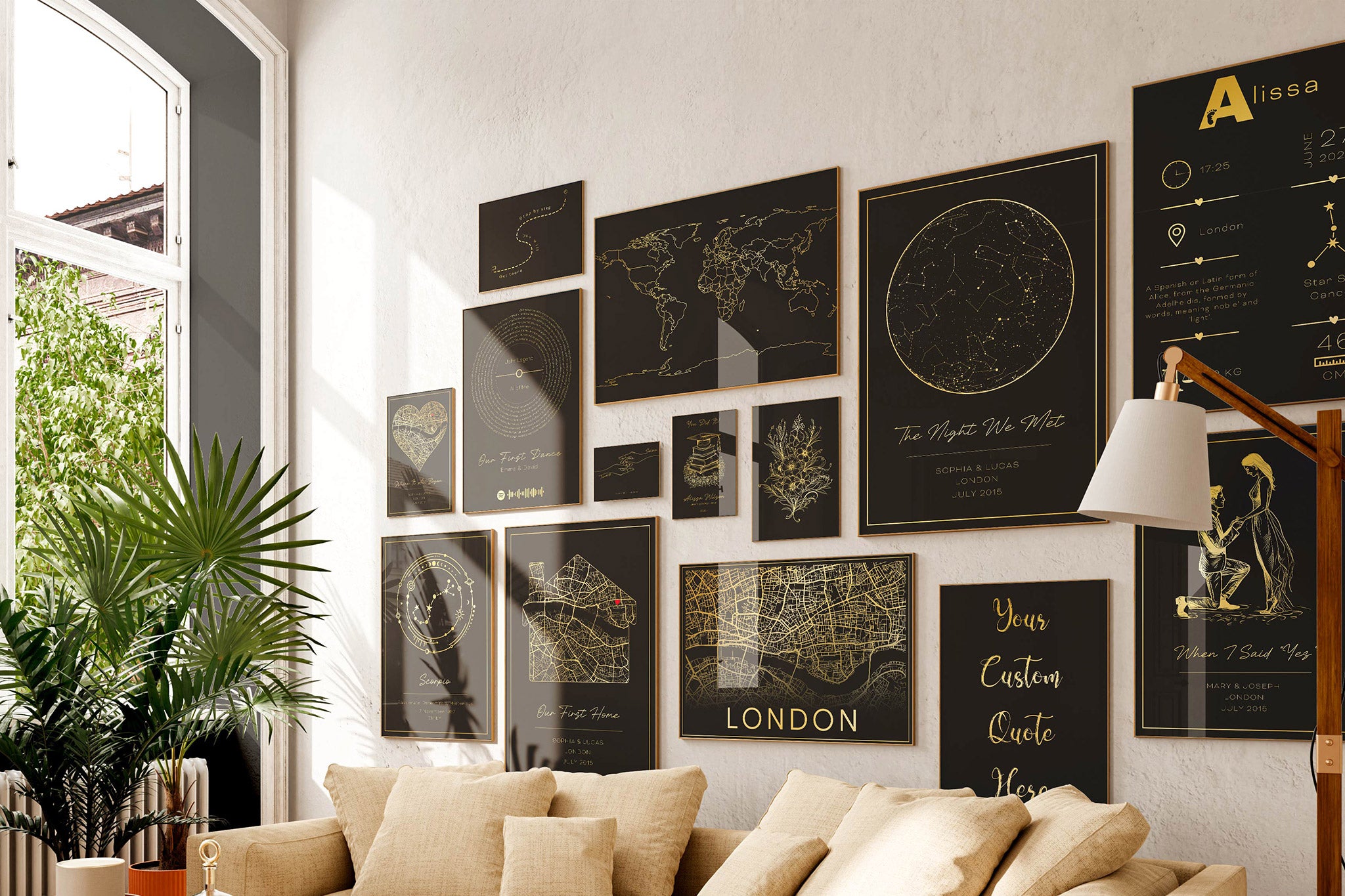 A cozy room corner with a gallery wall of various personalized black and gold artwork frames, including maps, star charts, and custom quotes, complemented by indoor plants and a cushioned couch.